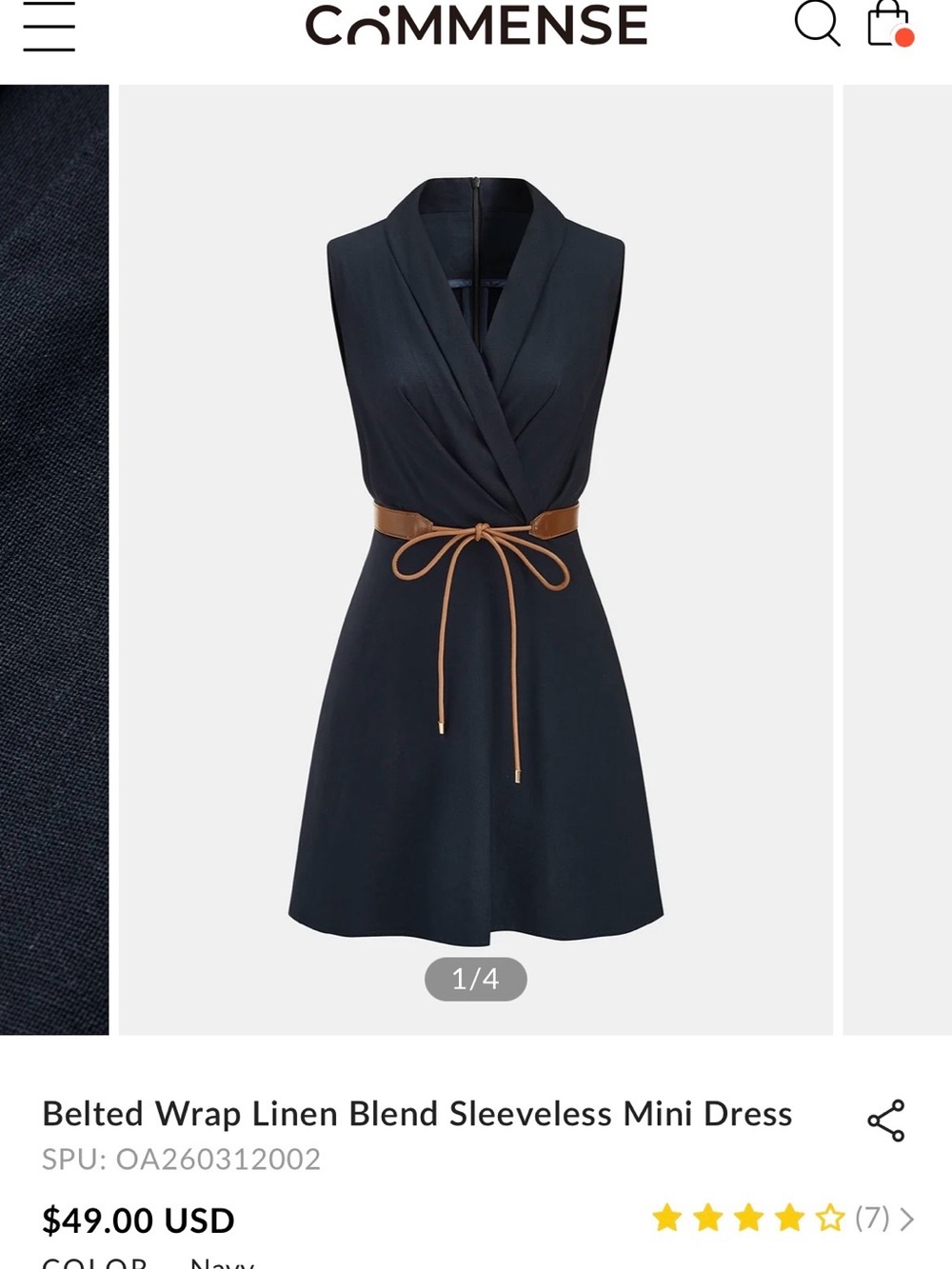 Commense Navy Sleeveless Wrap Mini Dress with Tan Belt